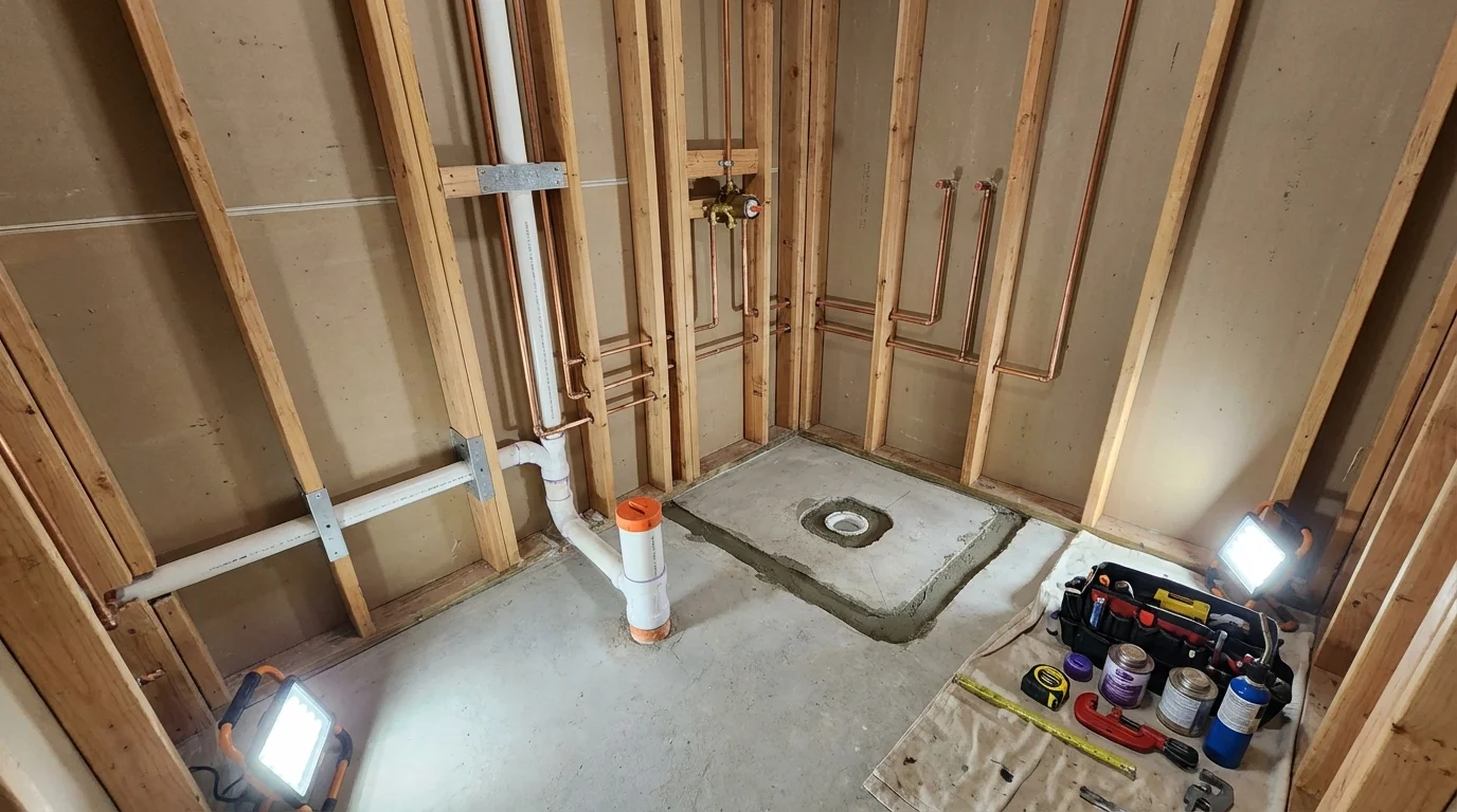 Bathroom rough-in plumbing during remodel by Johns Plumbing LLC in Wolcottville