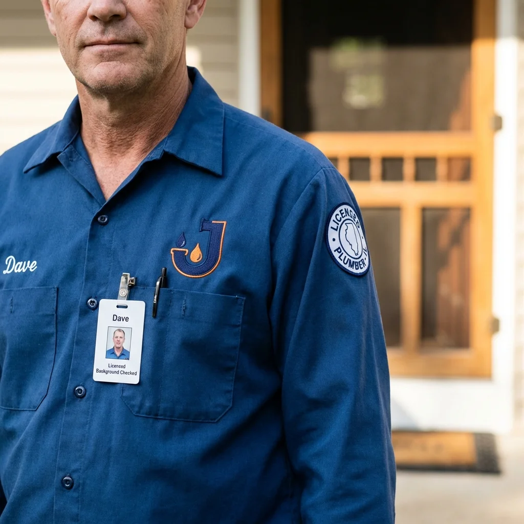 Licensed plumber showing ID badge in Wolcottville, IN
