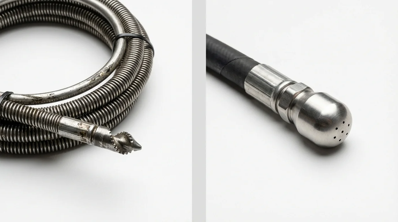 Drain snake cable and hydro jetting nozzle used for drain cleaning in Wolcottville, IN