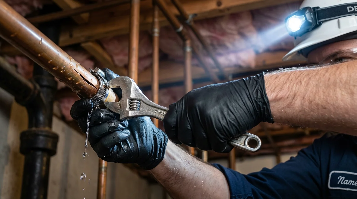 Emergency pipe clamp repair being performed by a Johns Plumbing LLC plumber in Wolcottville