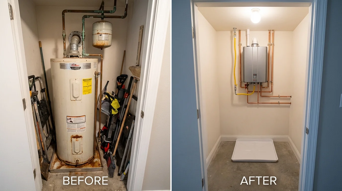Tank water heater versus wall-mounted tankless unit comparison for Wolcottville, IN homeowners