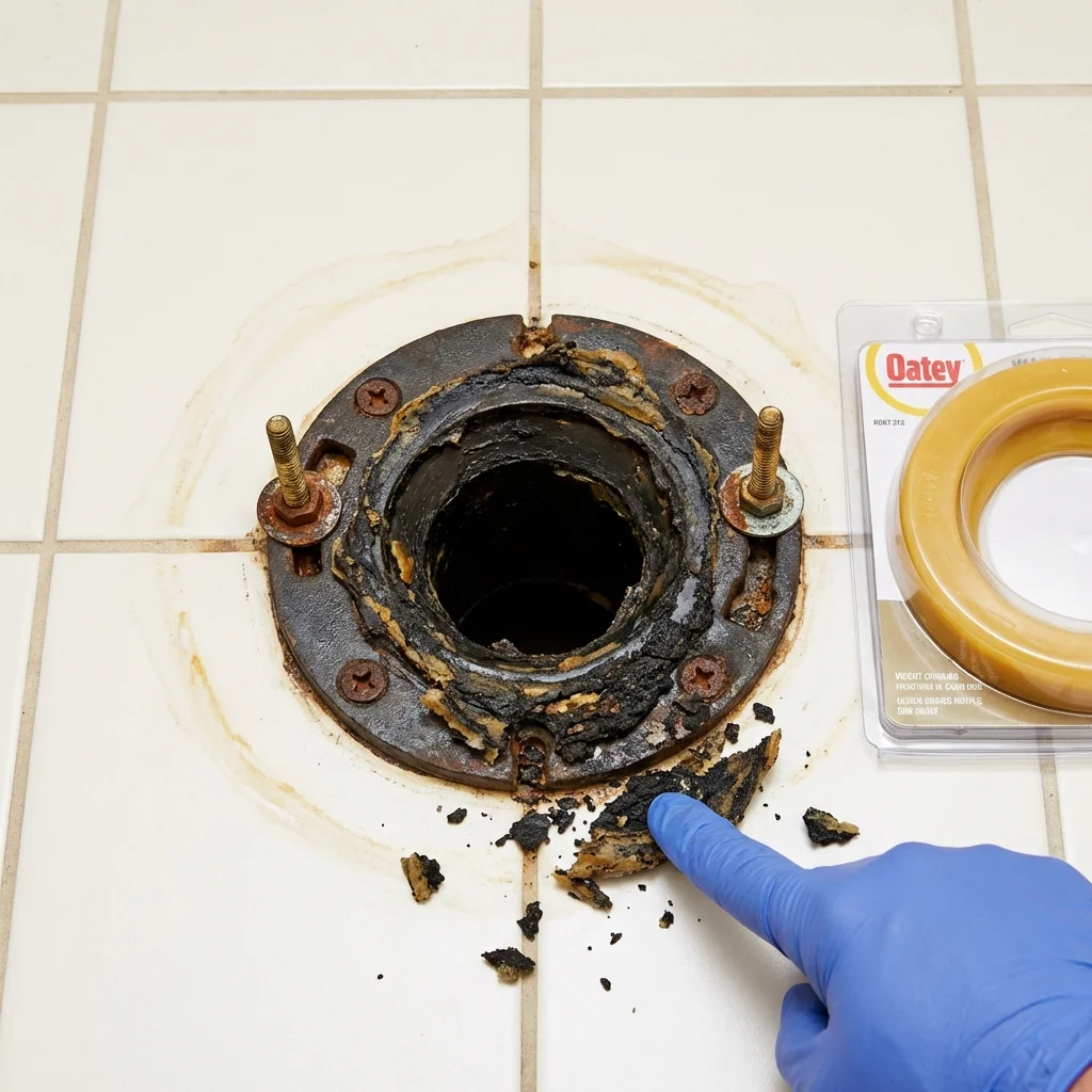 Failed wax ring showing water seepage at the base of a toilet in a Wolcottville, IN home