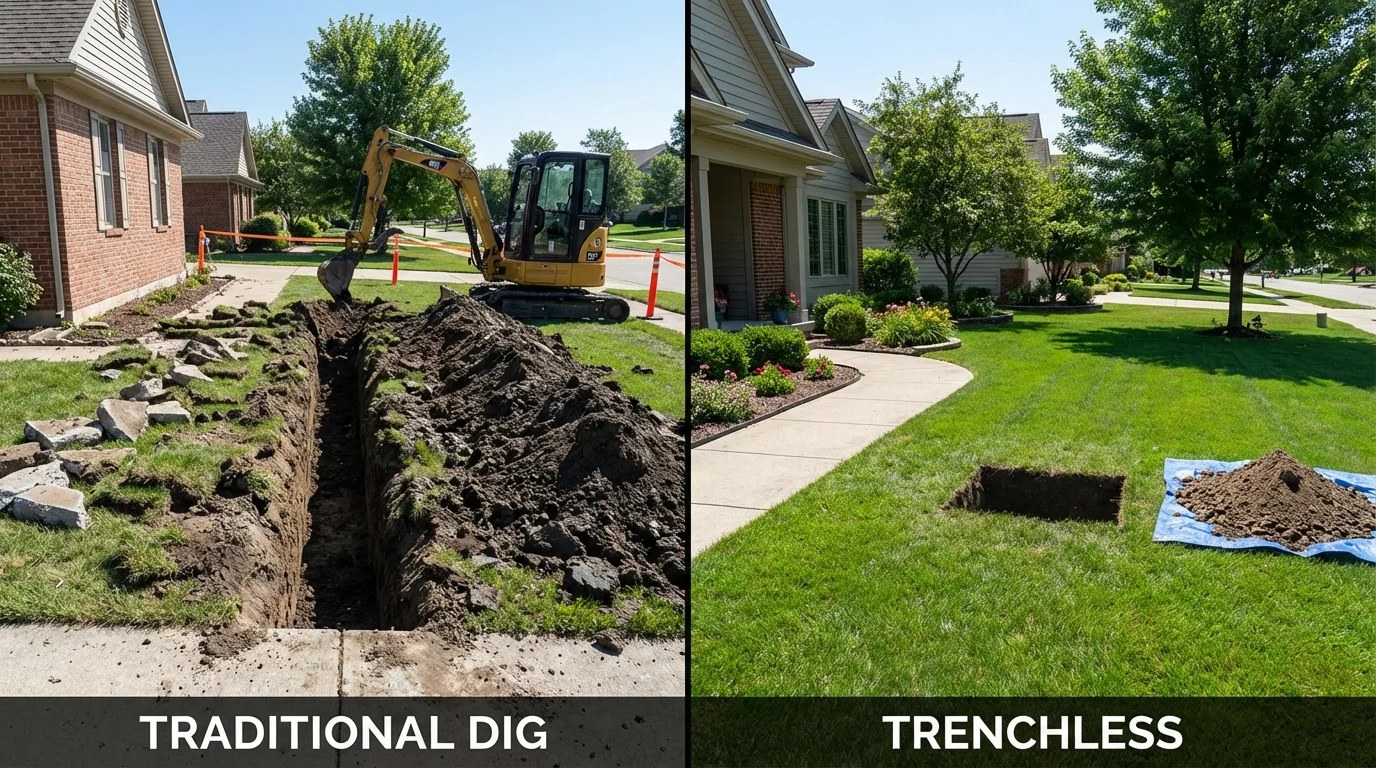 Trenchless sewer repair with minimal yard damage versus traditional excavation in Wolcottville, IN