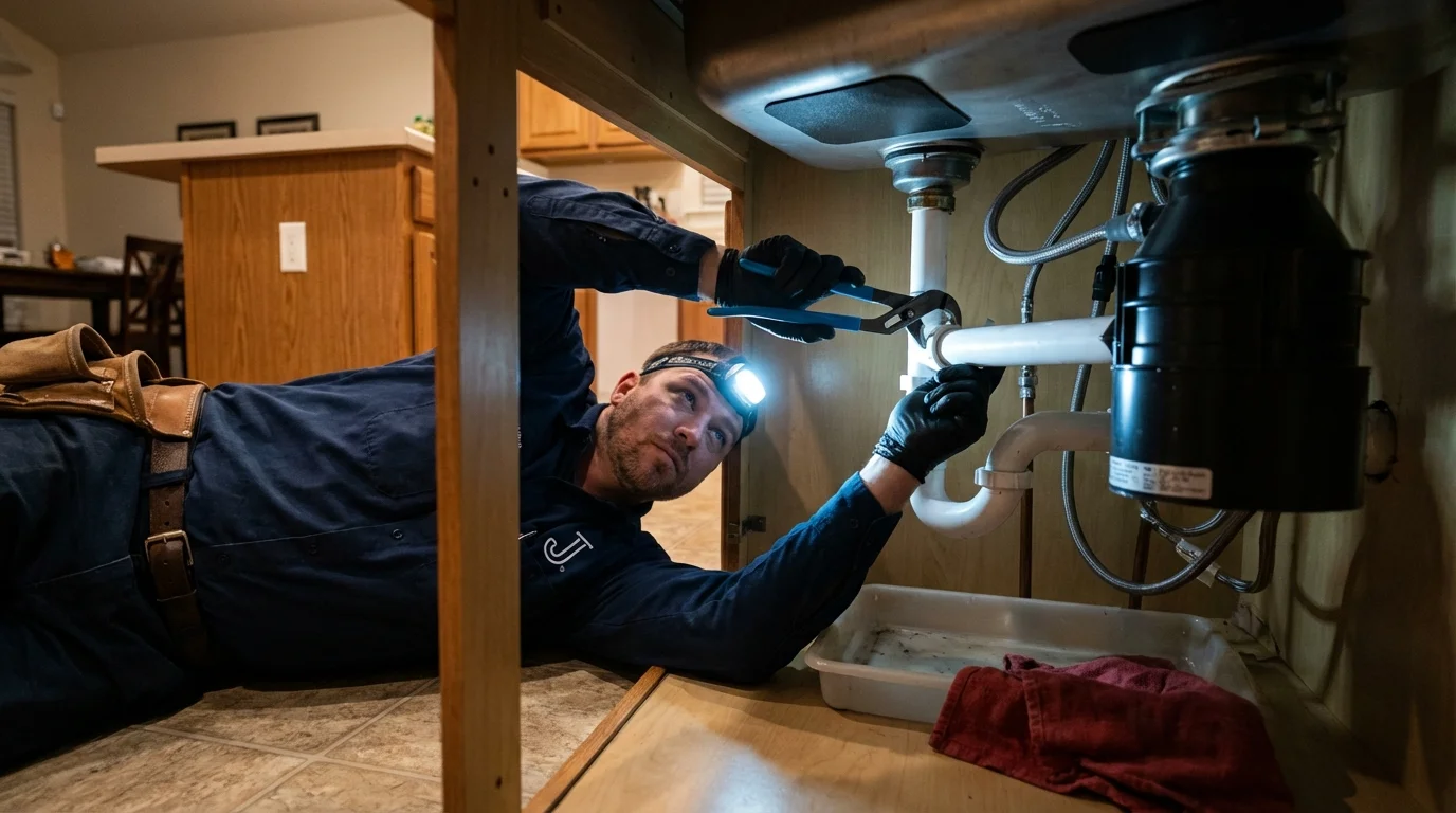 P-trap and supply line connections under a kitchen sink showing a common leak point in Wolcottville, IN